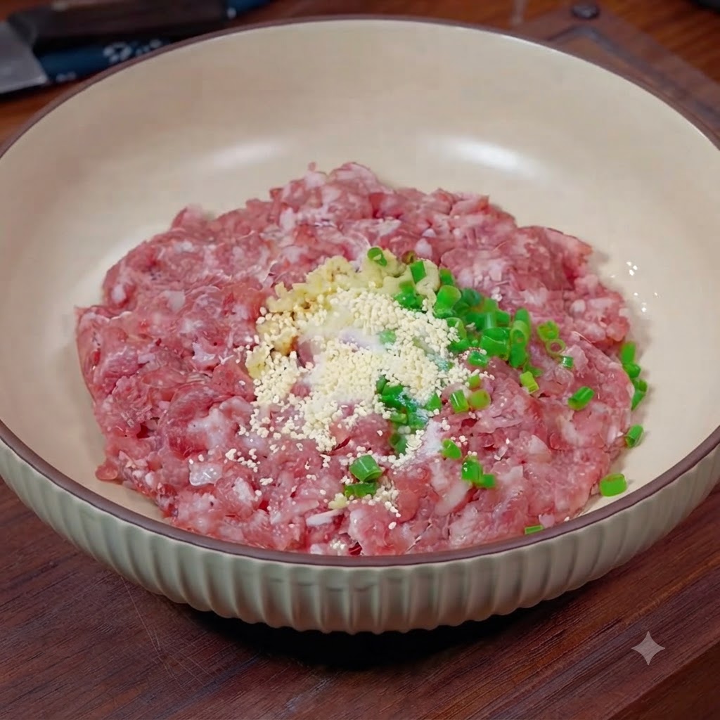 Mezcla de carne picada con trece especias, salsa de soja clara, salsa de ostras y almidón en el centro.