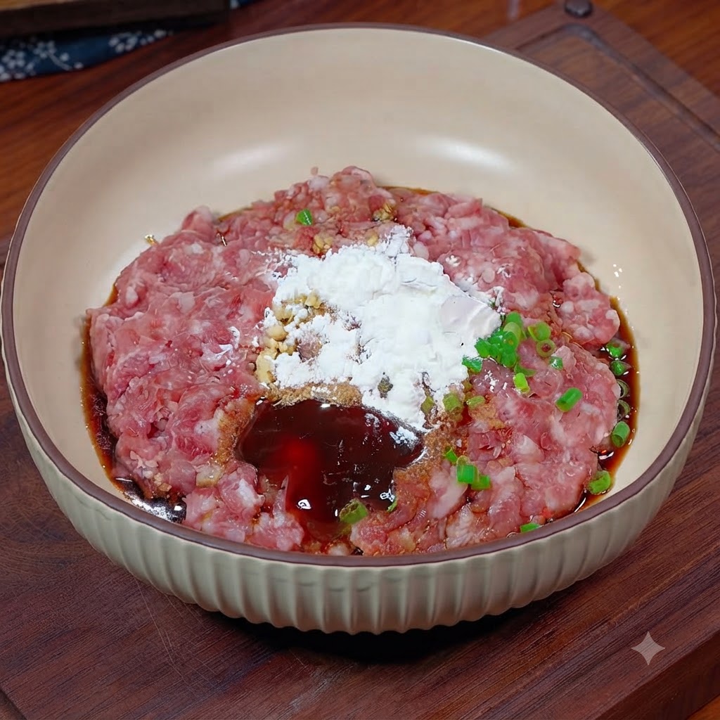 Una persona mezclando a fondo la carne picada y los ingredientes de la salsa dentro de un bol con palillos.