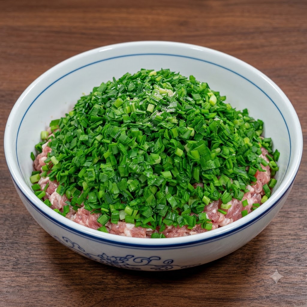 Un bol grande lleno con un montón de cebollino verde picado sobre la carne picada sazonada.