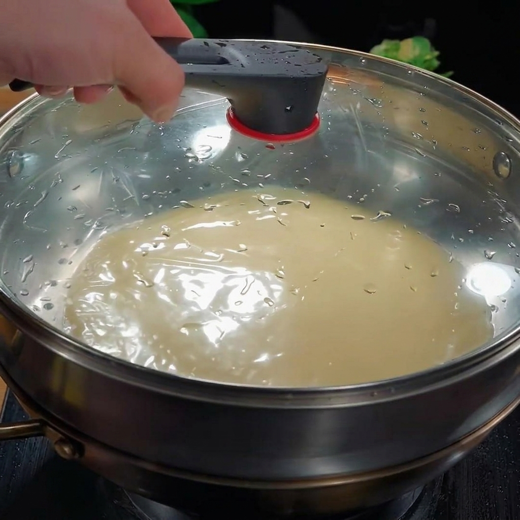 Una vaporera cubierta con una tapa de vidrio que muestra láminas finas cociéndose al vapor en su interior.