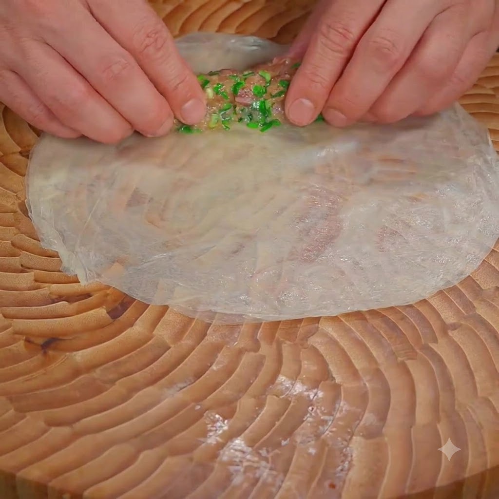 Manos enrollando firmemente una lámina al vapor alrededor de un relleno de carne y cebollino sobre una tabla de madera.