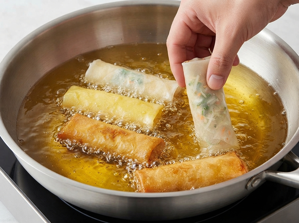 Rollitos de primavera friéndose en una sartén de acero inoxidable llena de aceite caliente, viéndose dorados y crujientes.