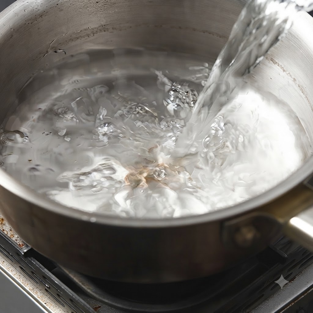 Vino blanco fluyendo hacia una olla llena de agua.