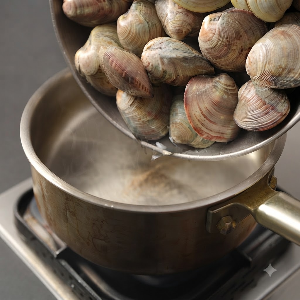 Almejas siendo vertidas desde un plato hacia la olla de cocción.
