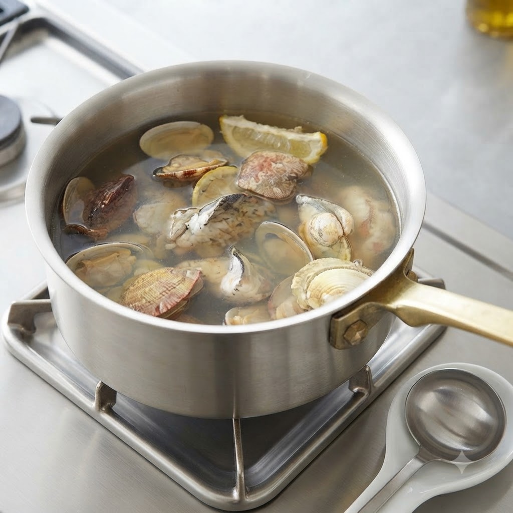 Almejas hirviendo en caldo sazonado dentro de una olla en la estufa.