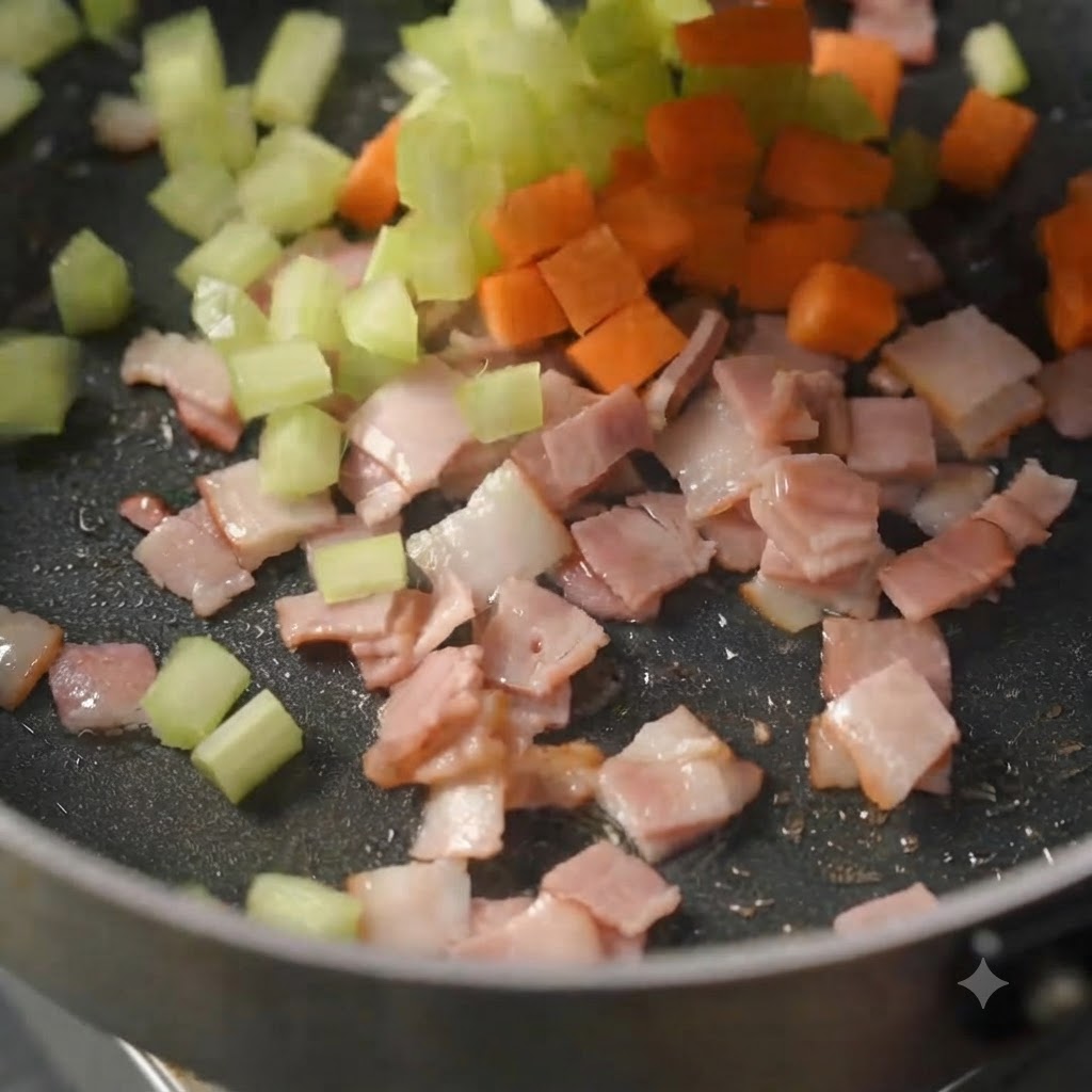 Cubos de apio y zanahoria mezclados con tocino mientras el líquido comienza a integrarse en la sartén.