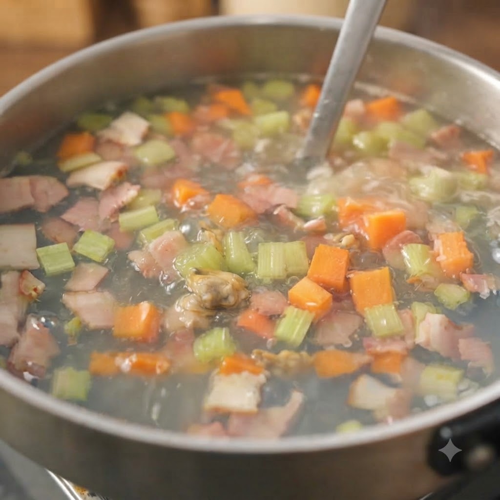Una olla grande llena de una sopa de verduras, tocino y caldo a fuego lento, siendo removida con un cucharón.