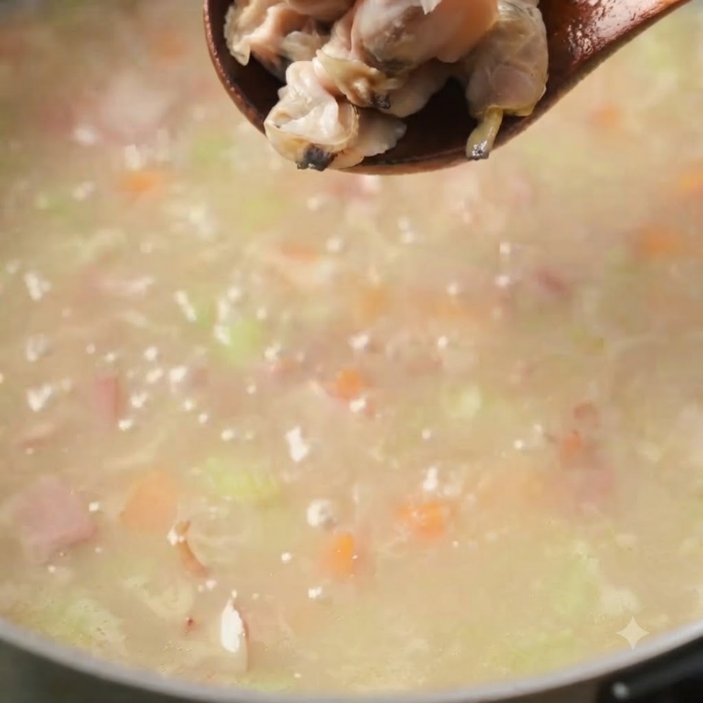 Una cuchara de madera depositando tierna carne de almeja en una olla burbujeante de sopa cremosa.