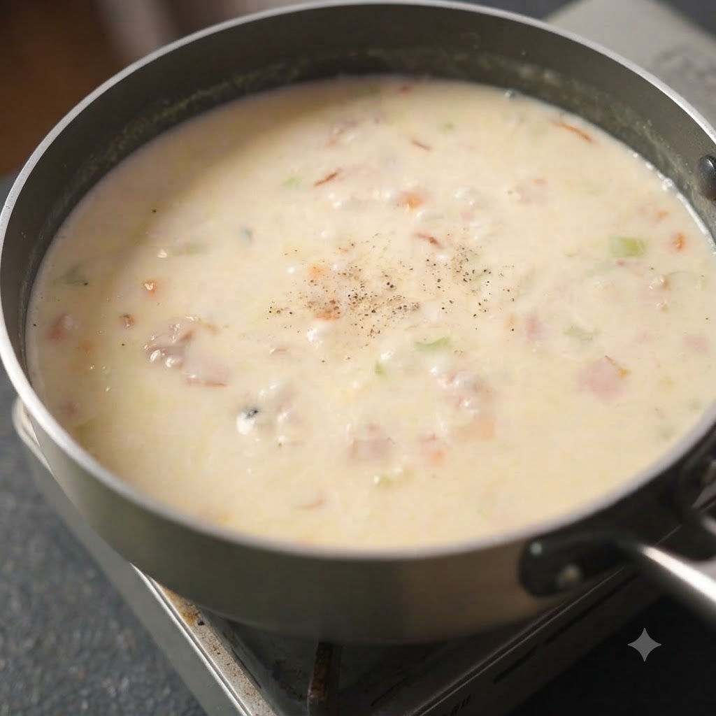 Sopa cremosa siendo removida a fondo en una olla.
