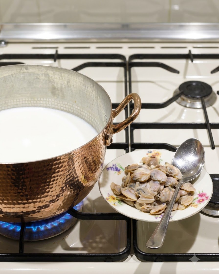Una espumadera añadiendo la carne de almeja a una olla de cobre llena de leche sobre la estufa encendida.
