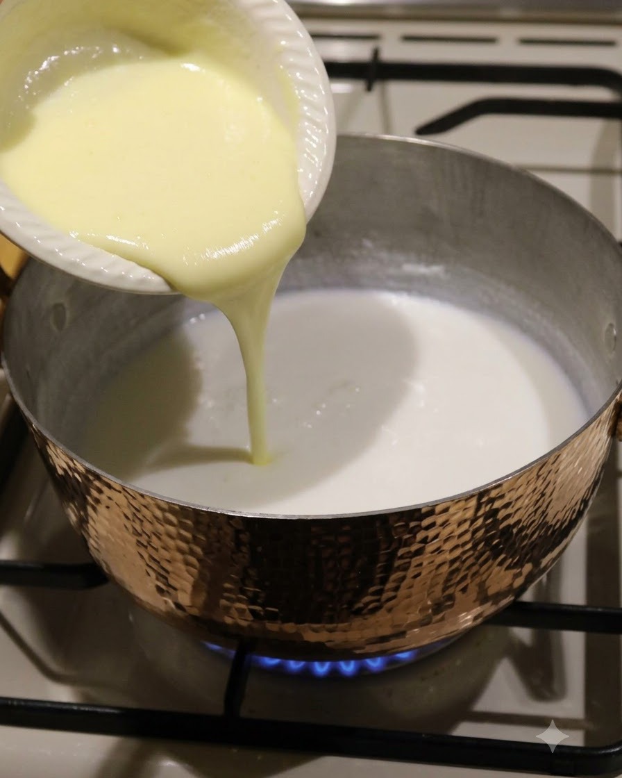 Una mezcla cremosa y suave vertiéndose desde un platito blanco en una olla con líquido blanco sobre el fuego.