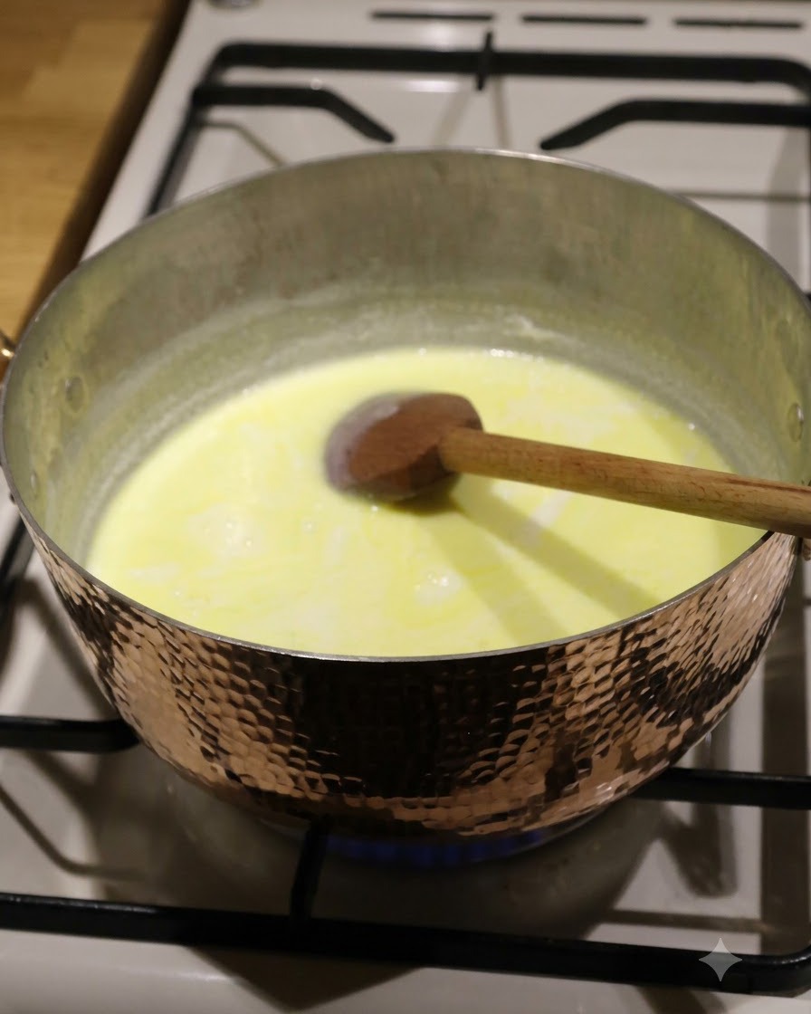 Una cuchara de madera removiendo una base de sopa amarilla hirviendo a fuego lento dentro de una olla de cobre.