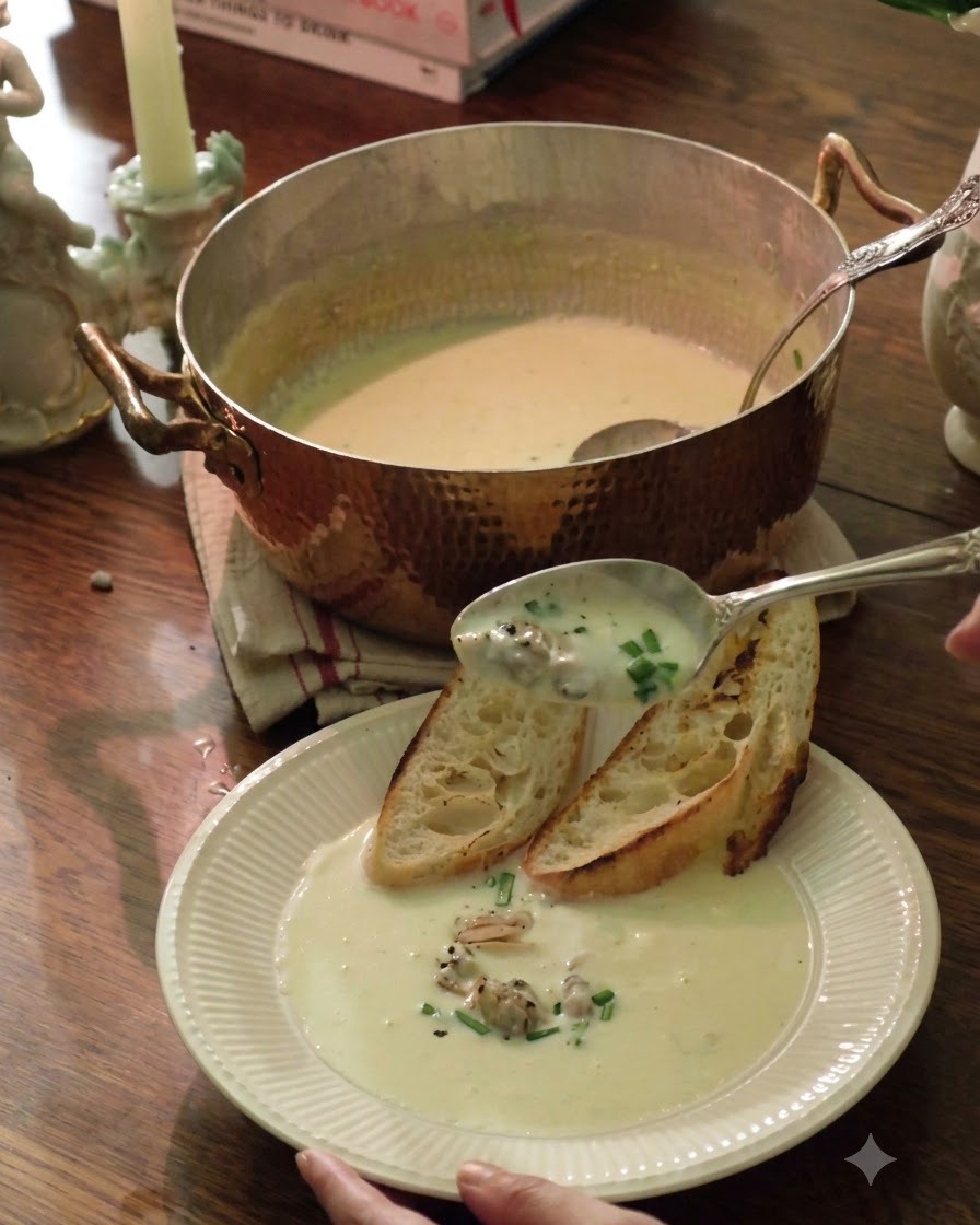 Crema de almejas en olla de cobre servida sobre pan tostado en un bol blanco, adornada con hierbas frescas.