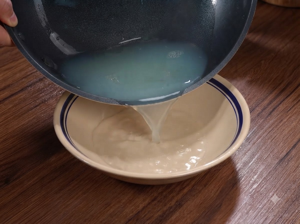Caldo de almejas turbio siendo vertido desde un wok en un bol de cerámica.