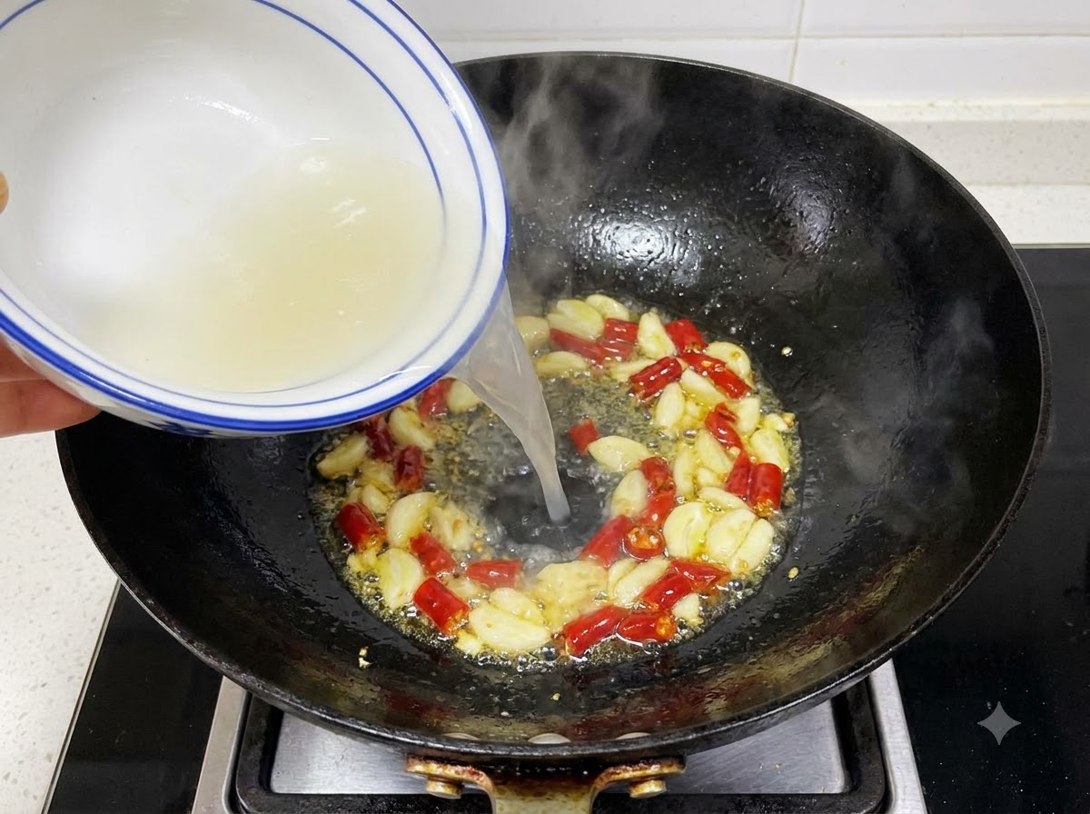 Líquido siendo vertido en un wok que contiene ajo y chiles fritos.