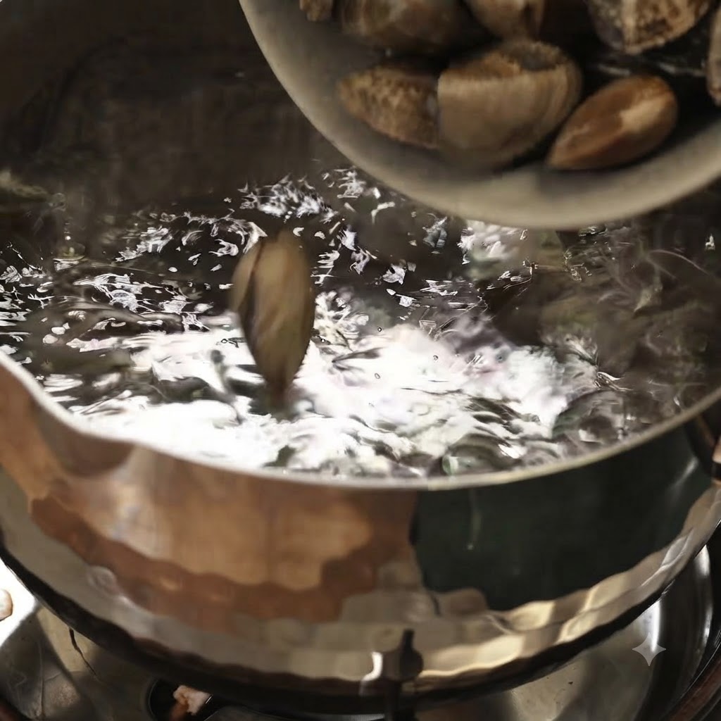 Almejas frescas siendo vertidas en una olla con agua hirviendo en la estufa.