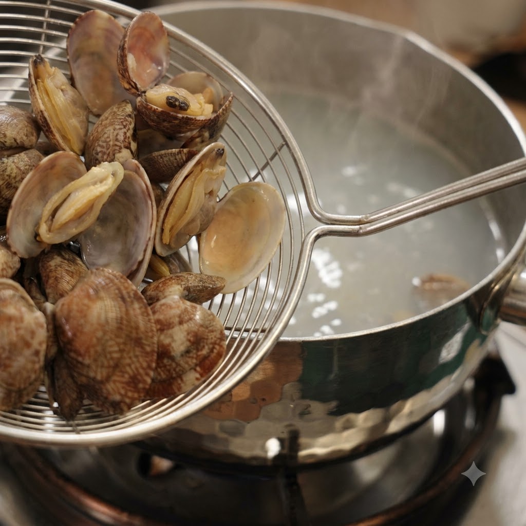 Conchas y carne de almeja siendo retiradas del agua hirviendo con un colador de malla de alambre.