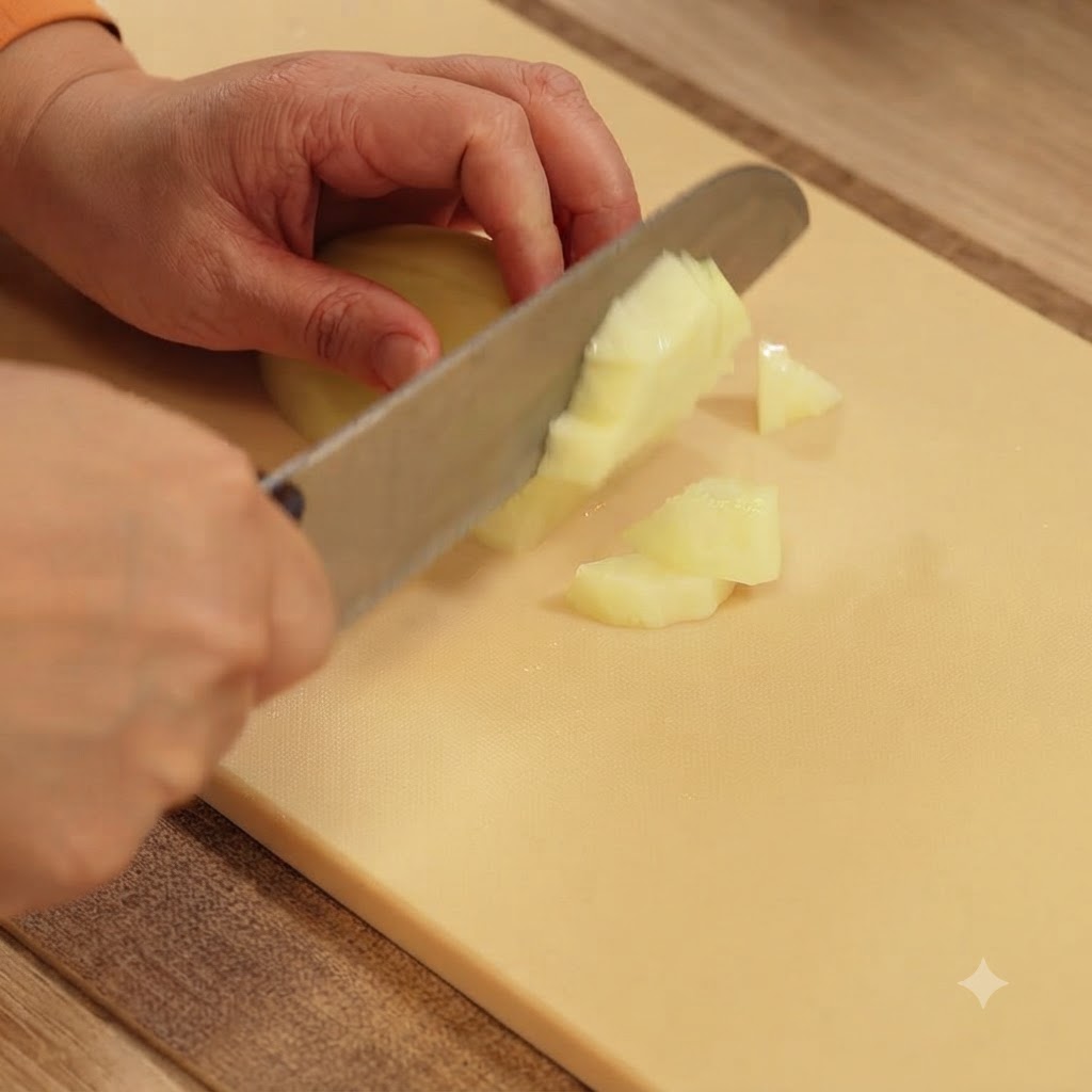 Un cuchillo de cocina cortando una papa en pequeños cubos sobre una tabla de cortar de color beige.