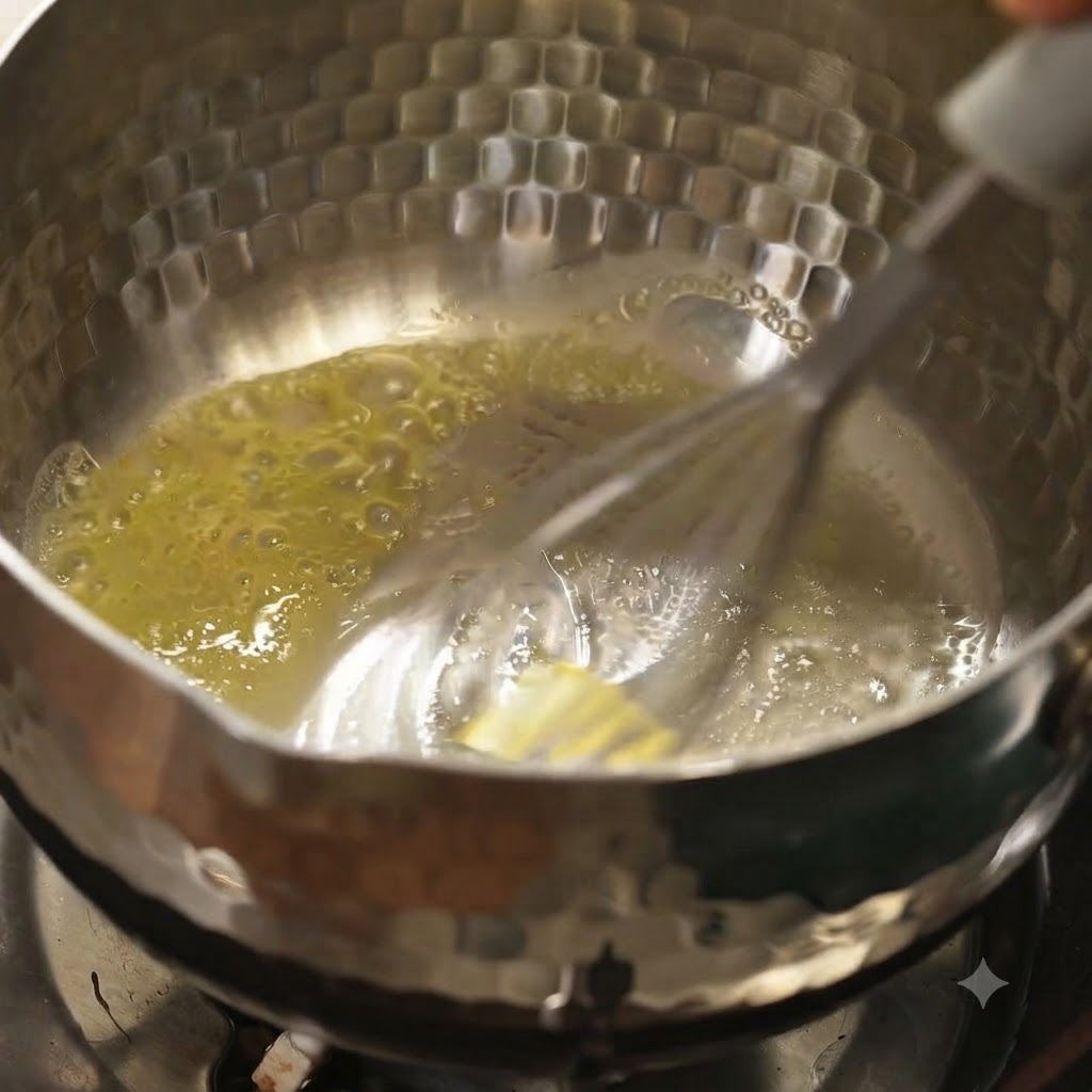 Mantequilla derritiéndose en una olla metálica mientras es batida hasta quedar suave.