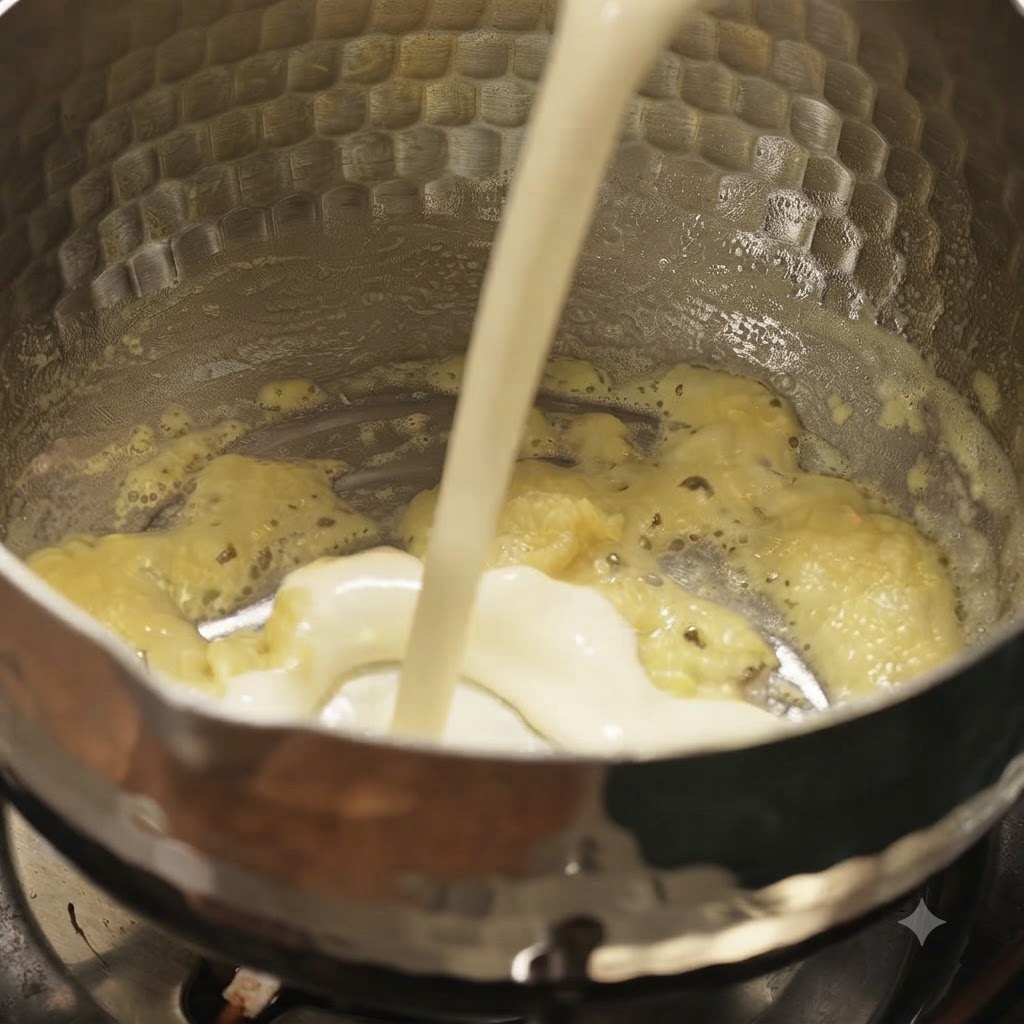 Leche siendo vertida en una olla que contiene un roux cocido de mantequilla y harina.