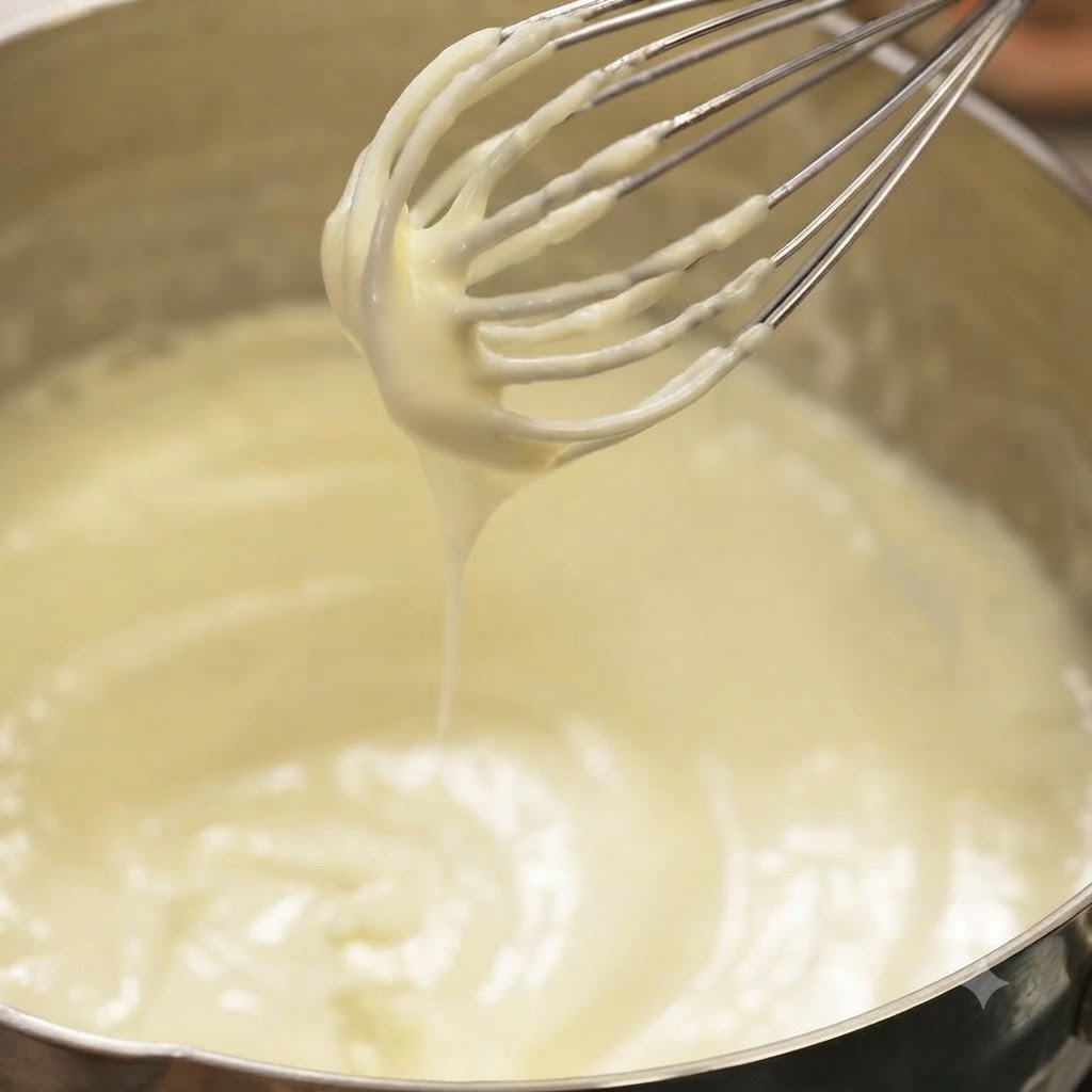 Un batidor cubierto con una salsa de crema blanca espesa y suave sostenido sobre una olla.