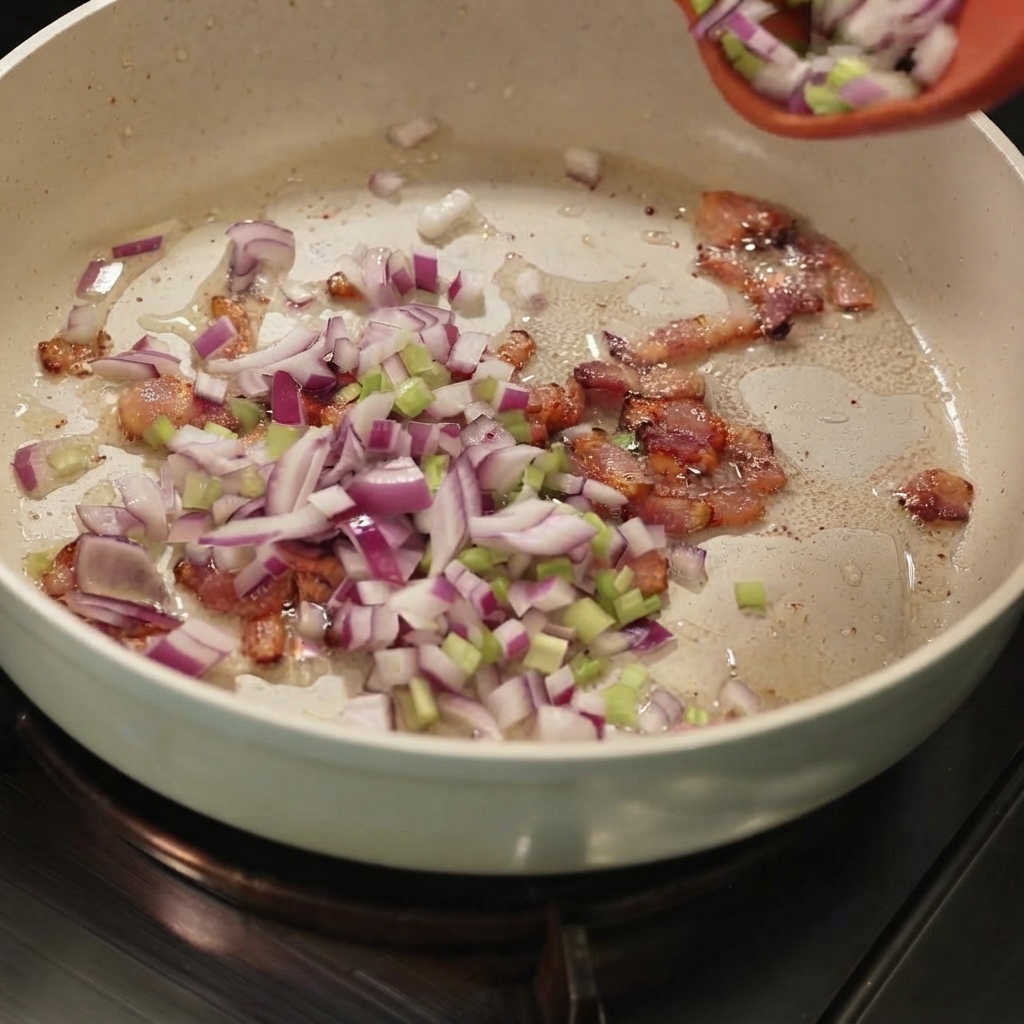 Cebollas moradas, apio y papas picadas siendo vertidos en una sartén con trozos de tocino dorados.