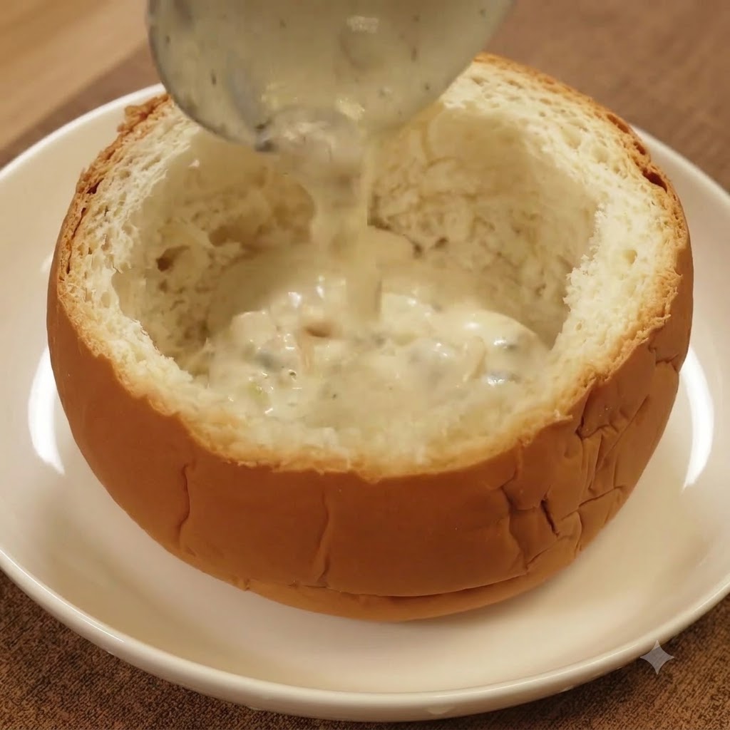 Crema espesa de almejas siendo servida con cucharón en una hogaza de pan ahuecada que descansa sobre un plato blanco.