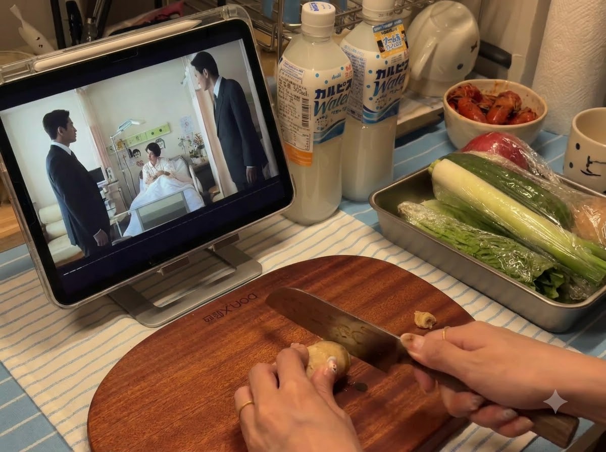 Raíz de jengibre cortada en rodajas finas sobre una tabla de cortar de madera con un cuchillo de cocina.