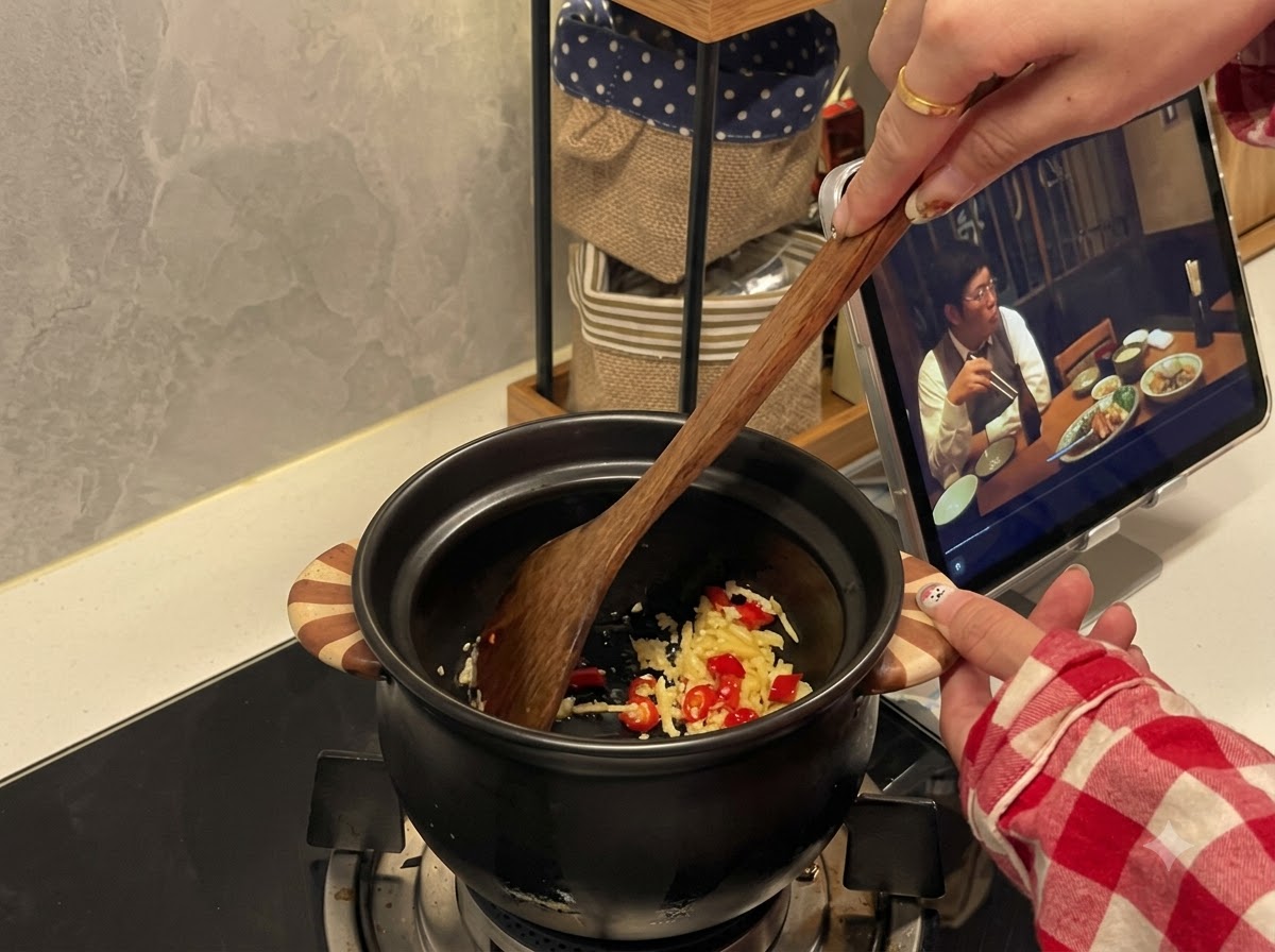 Una espátula de madera removiendo ajo picado y chiles dentro de una olla de cerámica negra en la estufa.