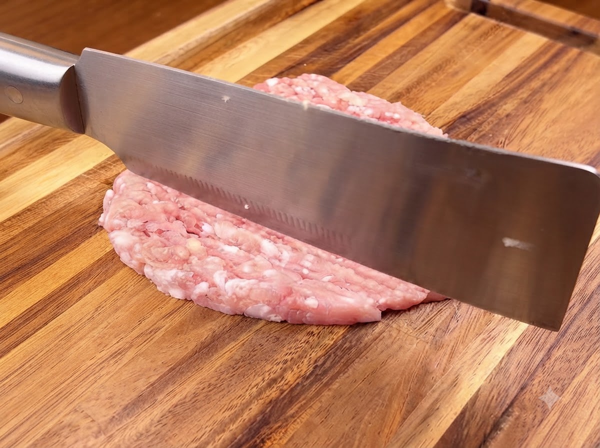 Un cuchillo afilado picando carne de cerdo fresca sobre una tabla de cortar de madera.