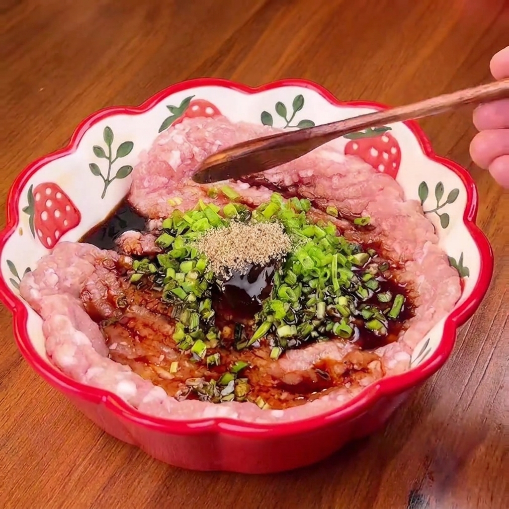 Manos con guantes mezclando la carne de cerdo picada con los condimentos y el cebollín en un tazón usando una cuchara de madera.