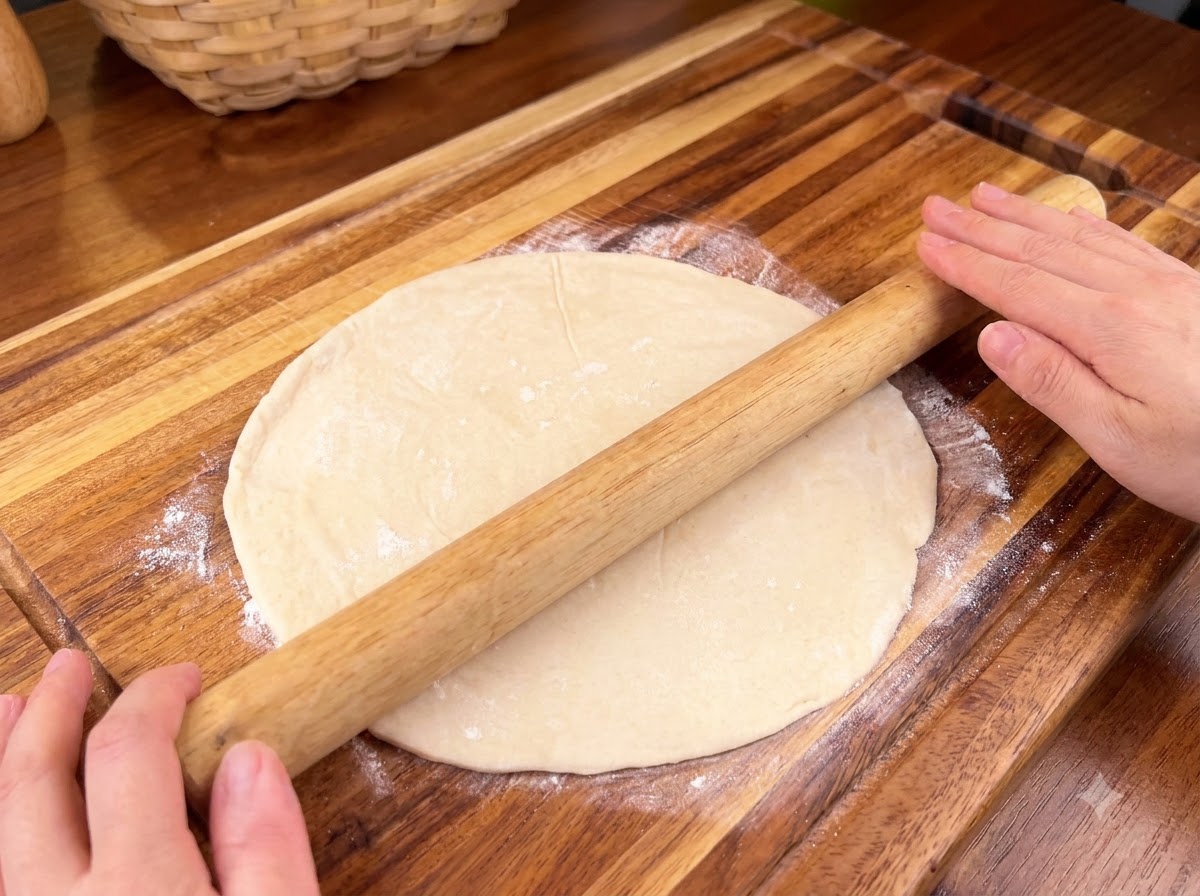 Una cucharada de relleno de carne marinada en el centro de un círculo de masa estirada.