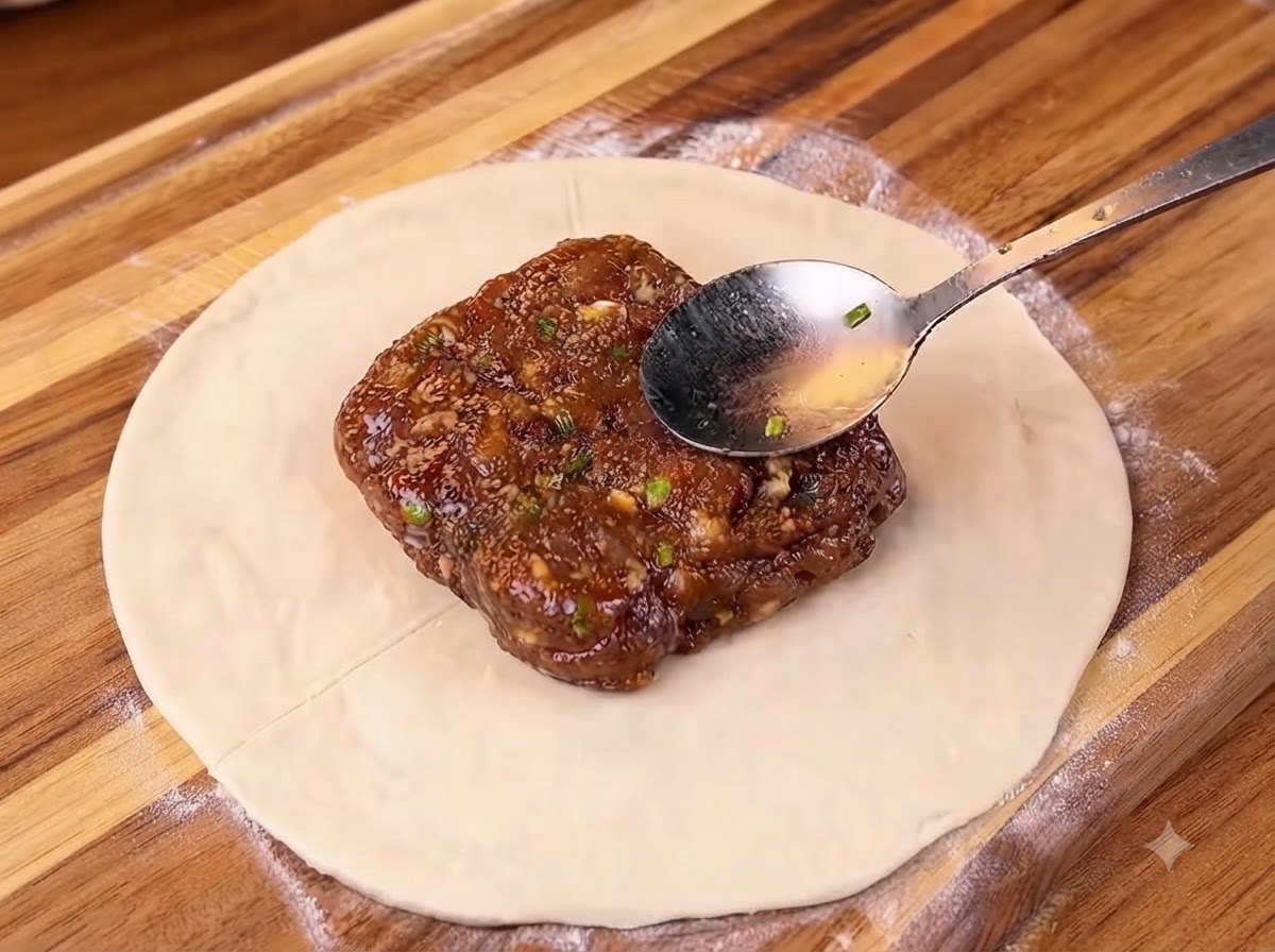Los cuatro lados de la masa de hojaldre doblados hacia adentro para envolver el relleno de carne en un paquete cuadrado.