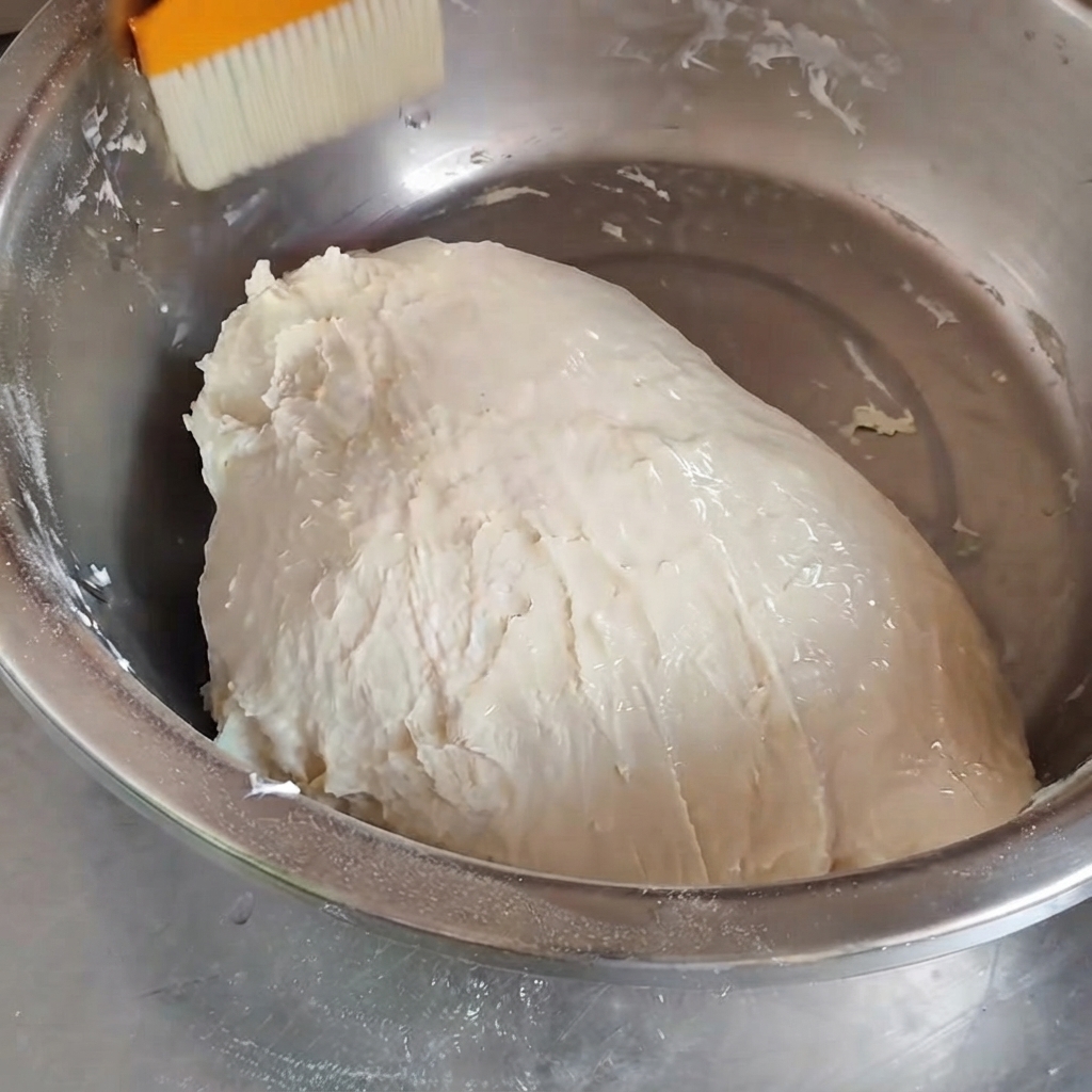 Un pincel naranja aplicando aceite sobre la superficie de una bola de masa lisa en un bol de metal.