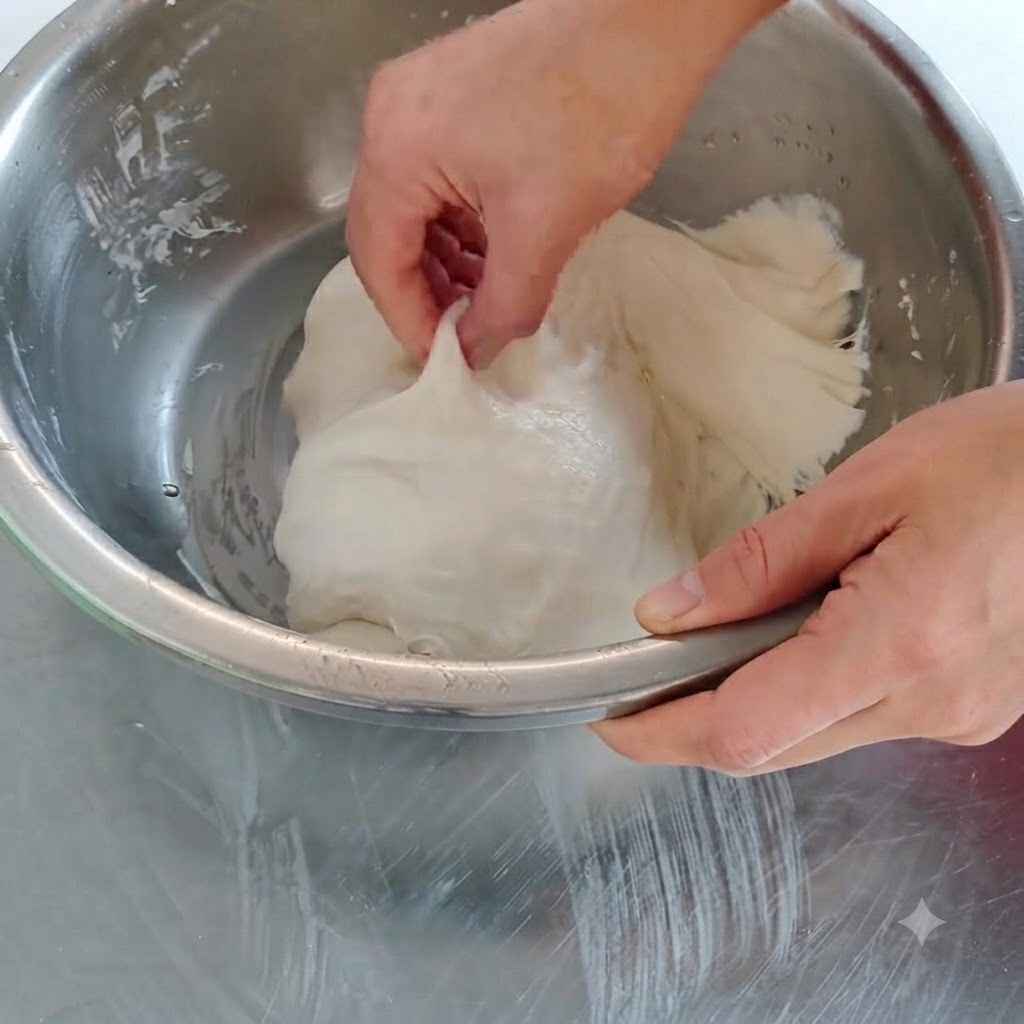 Manos estirando un trozo de masa elástica hacia arriba desde un bol de metal.