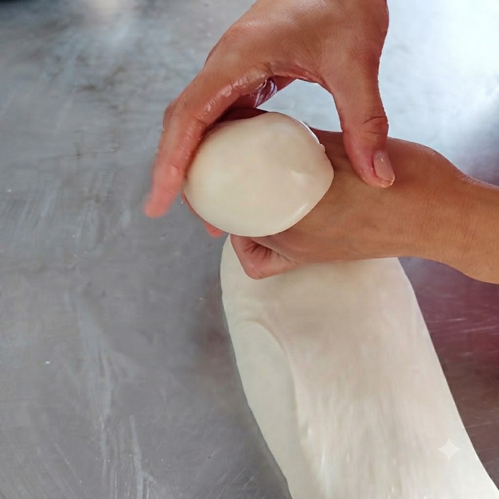 Manos pellizcando y dando forma a una pequeña pieza redonda de masa sobre una mesa de trabajo de metal aceitada.