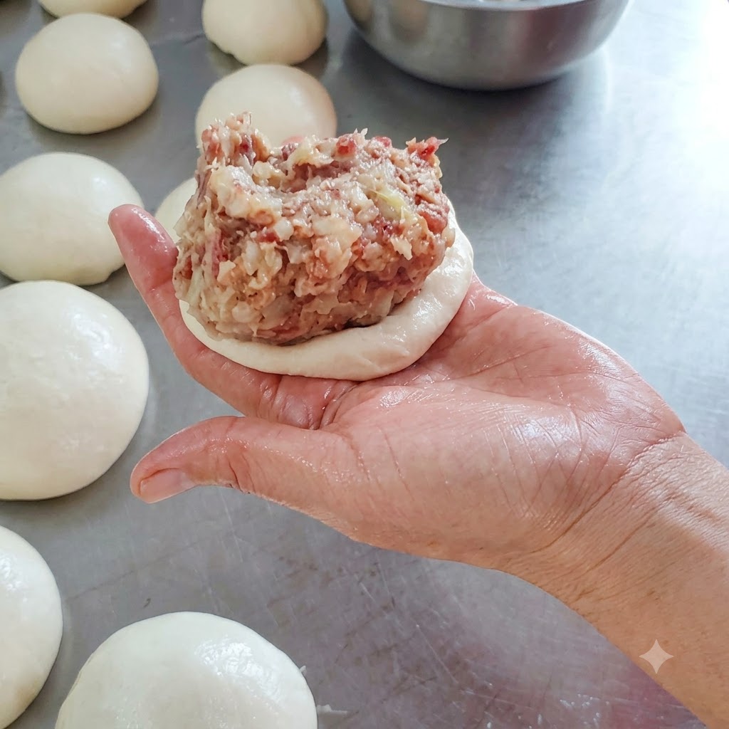 Una cantidad generosa de relleno de carne cruda sobre un trozo de masa aplanada sostenida en la mano.