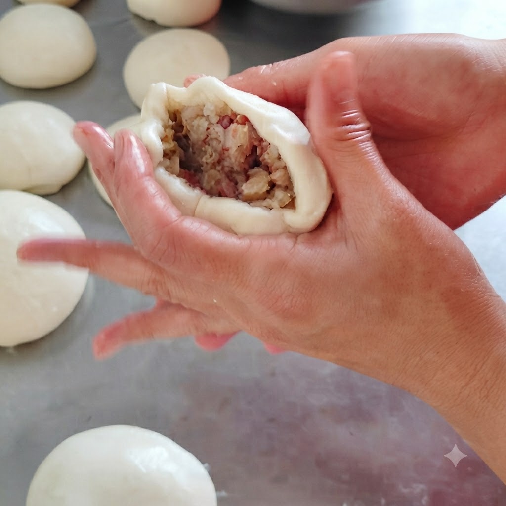 Manos frunciendo y uniendo los bordes de la masa para cerrar el relleno de carne cruda en su interior.