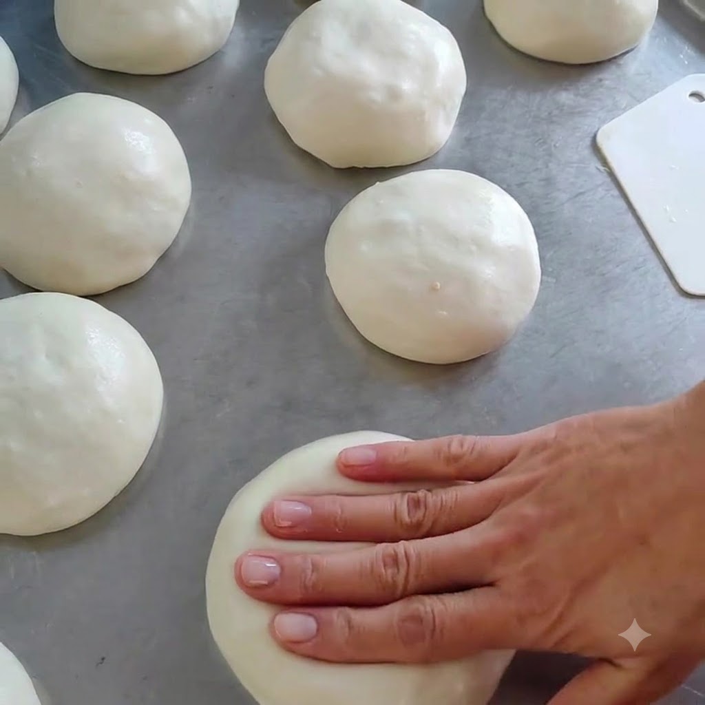 Una mano aplanando suavemente una bola de masa rellena para formar un disco sobre la superficie de acero inoxidable.