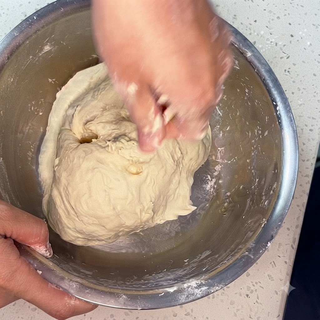 Manos amasando activamente la masa dentro de un bol de acero inoxidable.