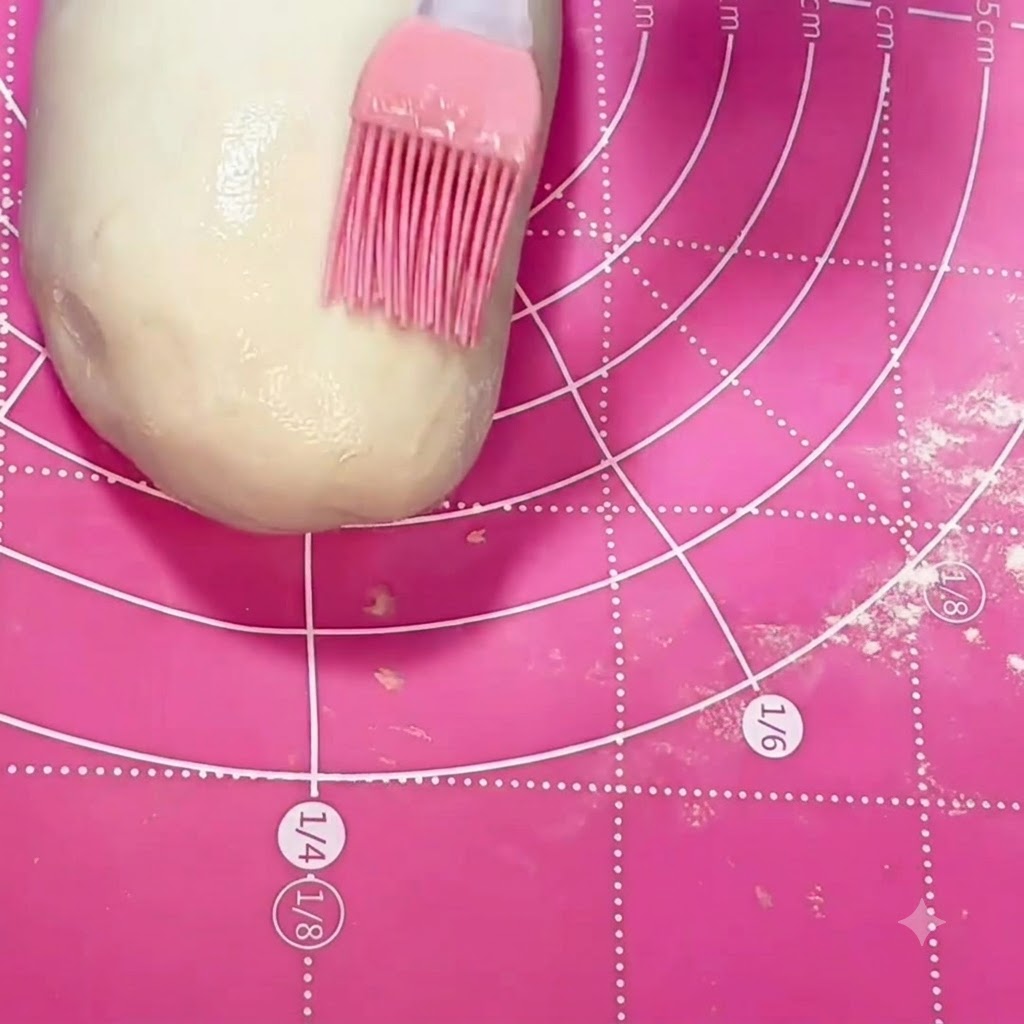 Un pincel de silicona rosa esparciendo aceite sobre un rollo de masa suave en una estera rosa.