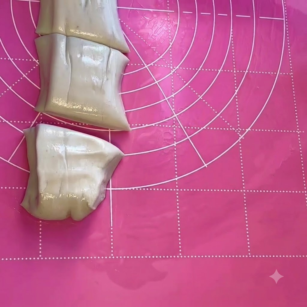 Un rollo de masa cortado en múltiples porciones más pequeñas sobre una estera rosa para amasar.