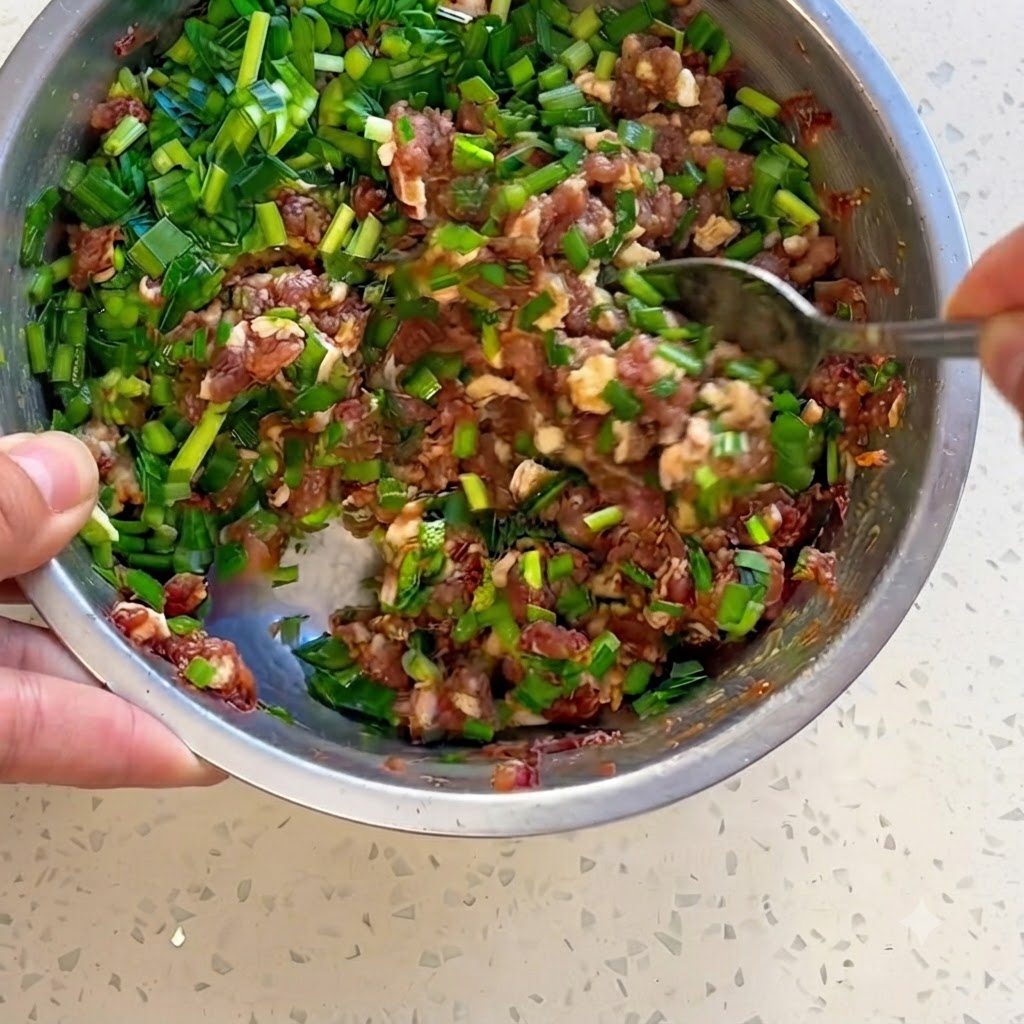 Carne picada y cebollinos verdes siendo mezclados con condimentos en un bol de acero usando palillos.