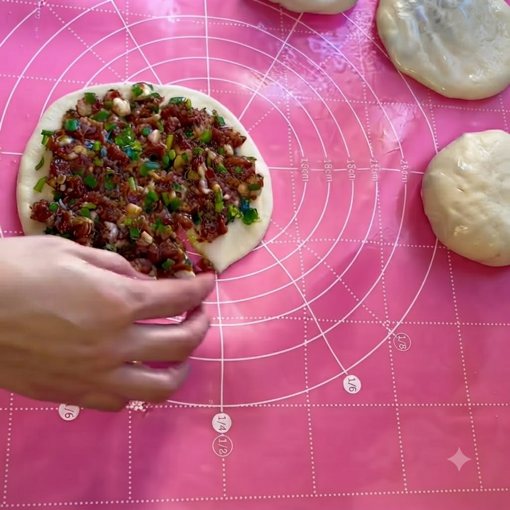 Una mano levantando el borde cortado de la hoja de masa para comenzar a doblarla sobre el relleno de carne.
