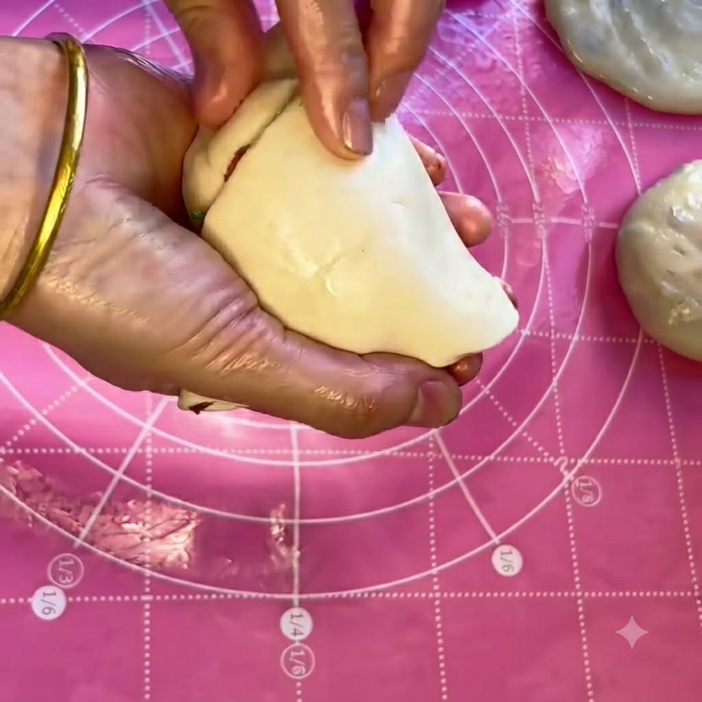Dos manos apretando y sellando firmemente los bordes de un bolsillo de masa doblado para encerrar de forma segura el relleno de carne.