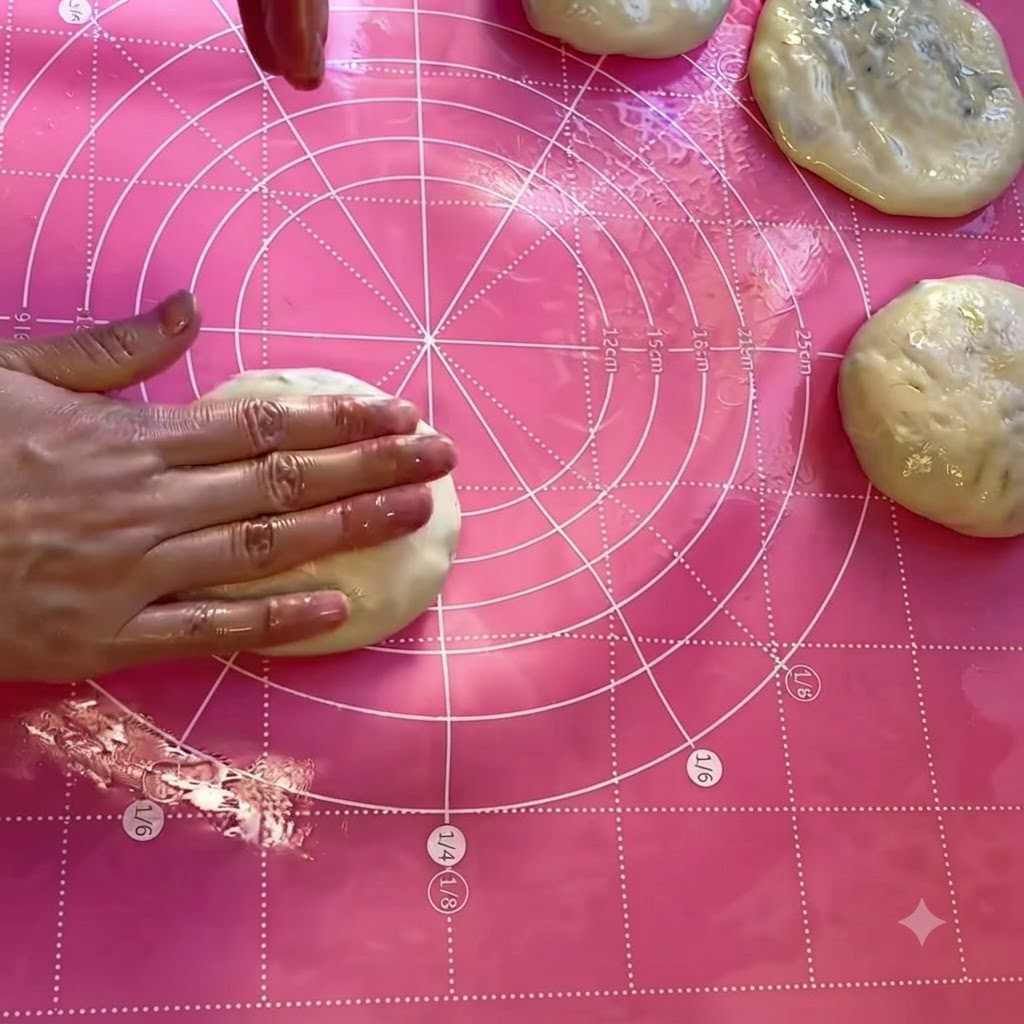 Una mano presionando suavemente hacia abajo sobre una bola de masa rellena para aplanarla en un panqueque circular.