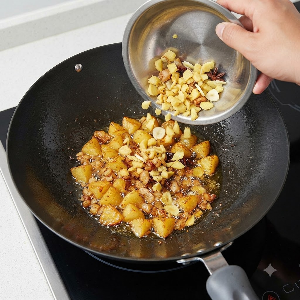 Un wok con grasa de cerdo fundiéndose y jengibre picado siendo vertido desde un tazón de acero inoxidable.