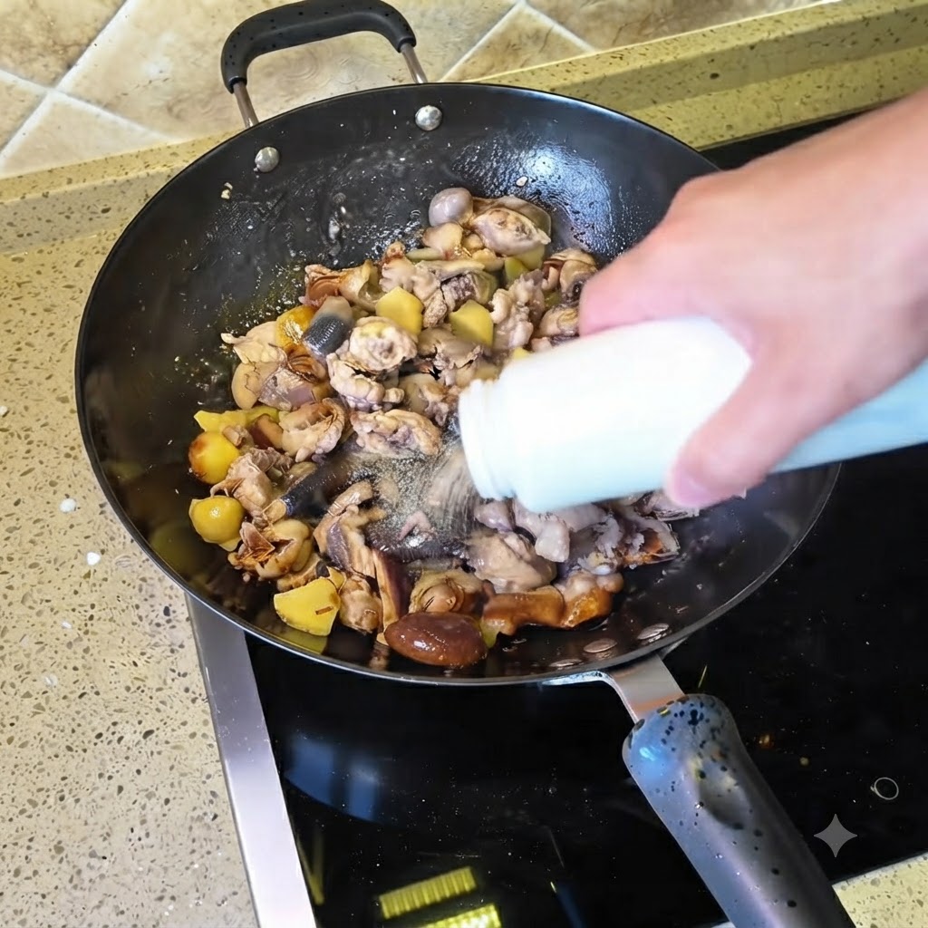 Sazone siendo espolvoreado desde una botella blanca sobre la mezcla de pollo en el wok.