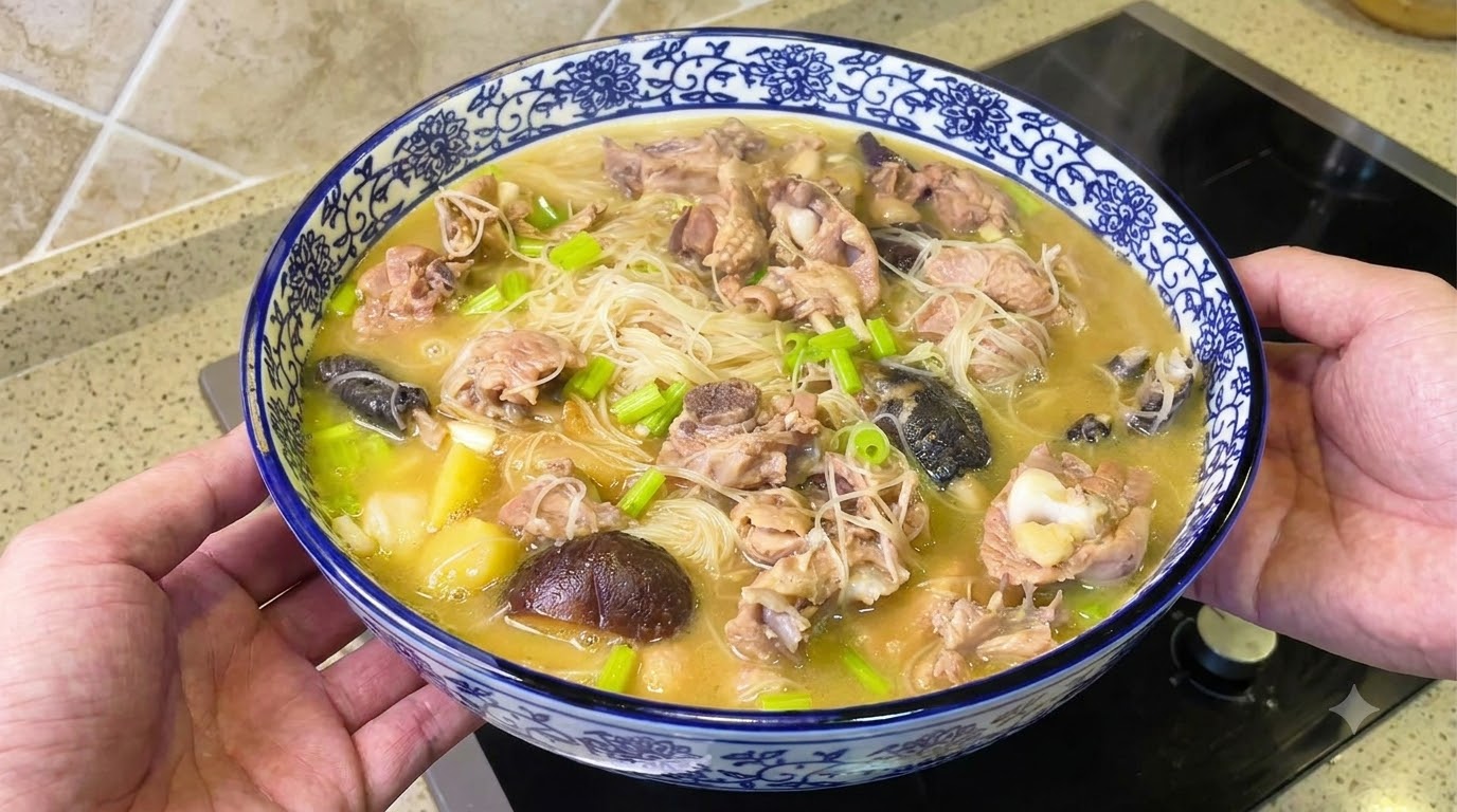Un tazón grande de fideos de sopa de pollo al jengibre en un rico caldo dorado, adornado con trozos de apio fresco