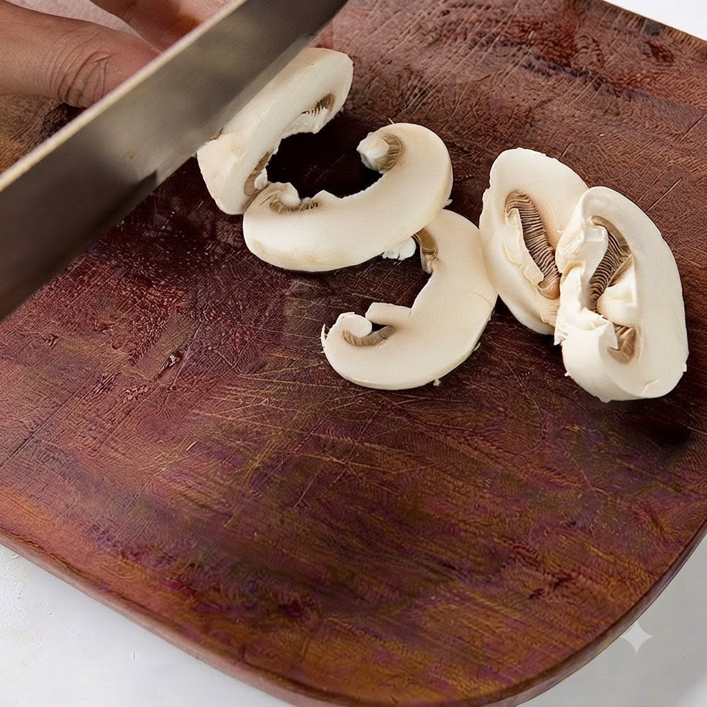 Cebolla roja cortada en tiras finas sobre una tabla de cortar de madera con un cuchillo.